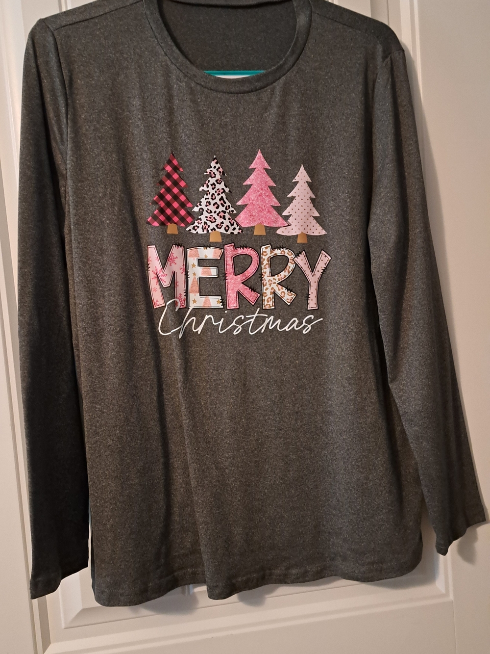 Amazon Women's Gray Holiday Graphic Long-Sleeve Top with Pink Tree Accents